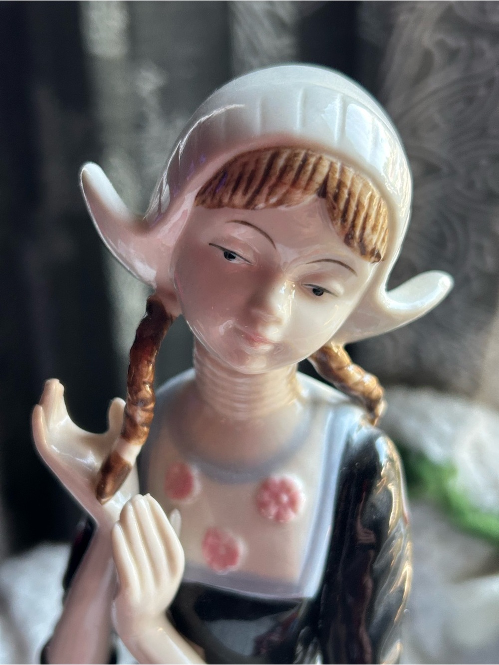 Lladro Porcelain Girl Figurine in White, Black and Pink